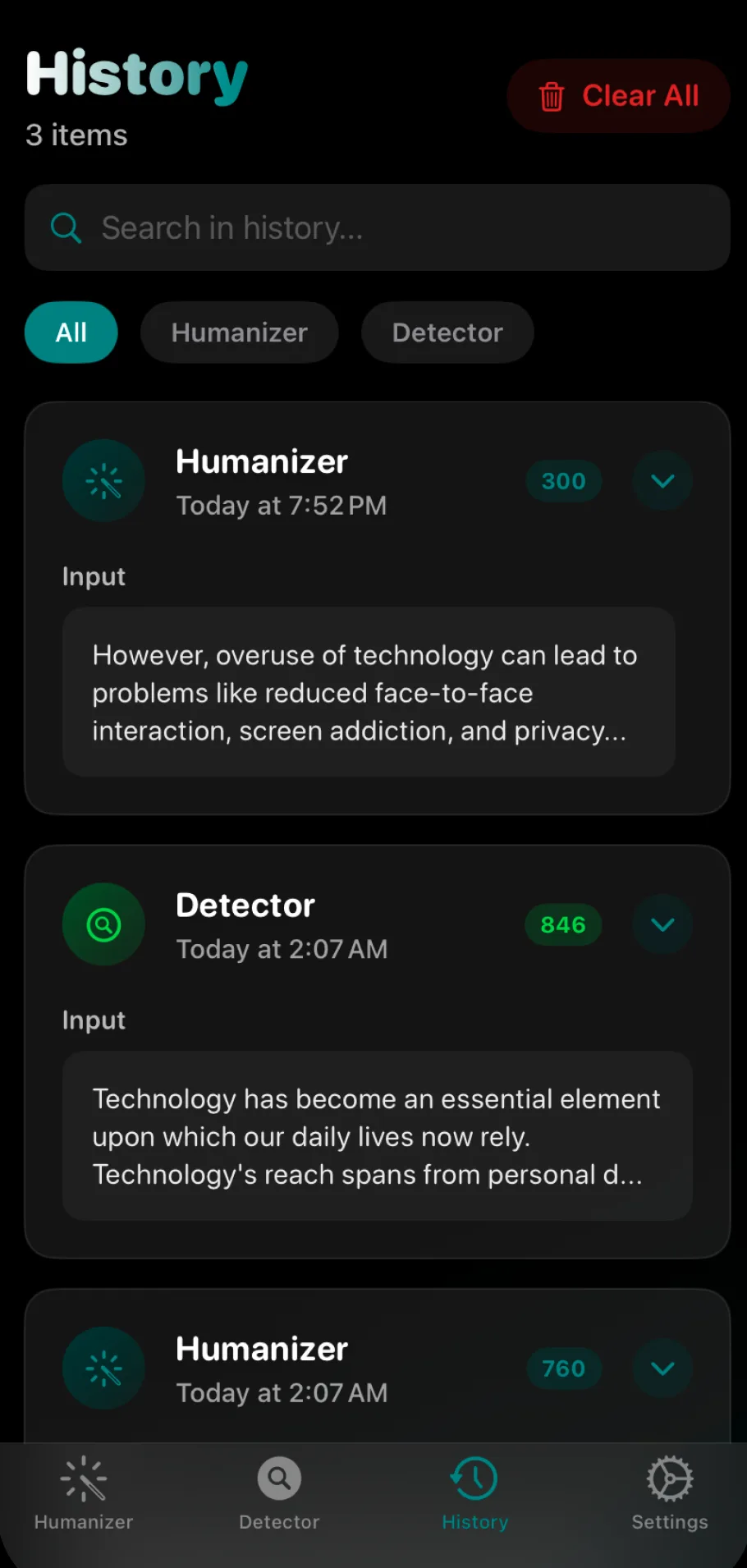 The History screen in AI Humanizer, listing saved Humanizer and Detector entries with a search field and filters.