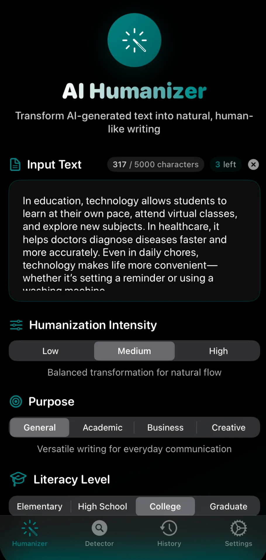 The Humanizer screen in AI Humanizer on iPhone, with a text box and settings for humanization intensity, purpose and literacy level.